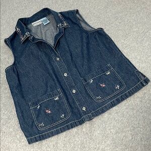 Y2K Embroidered Chambray Top Womens Small Floral Sleeveless Button Coastal